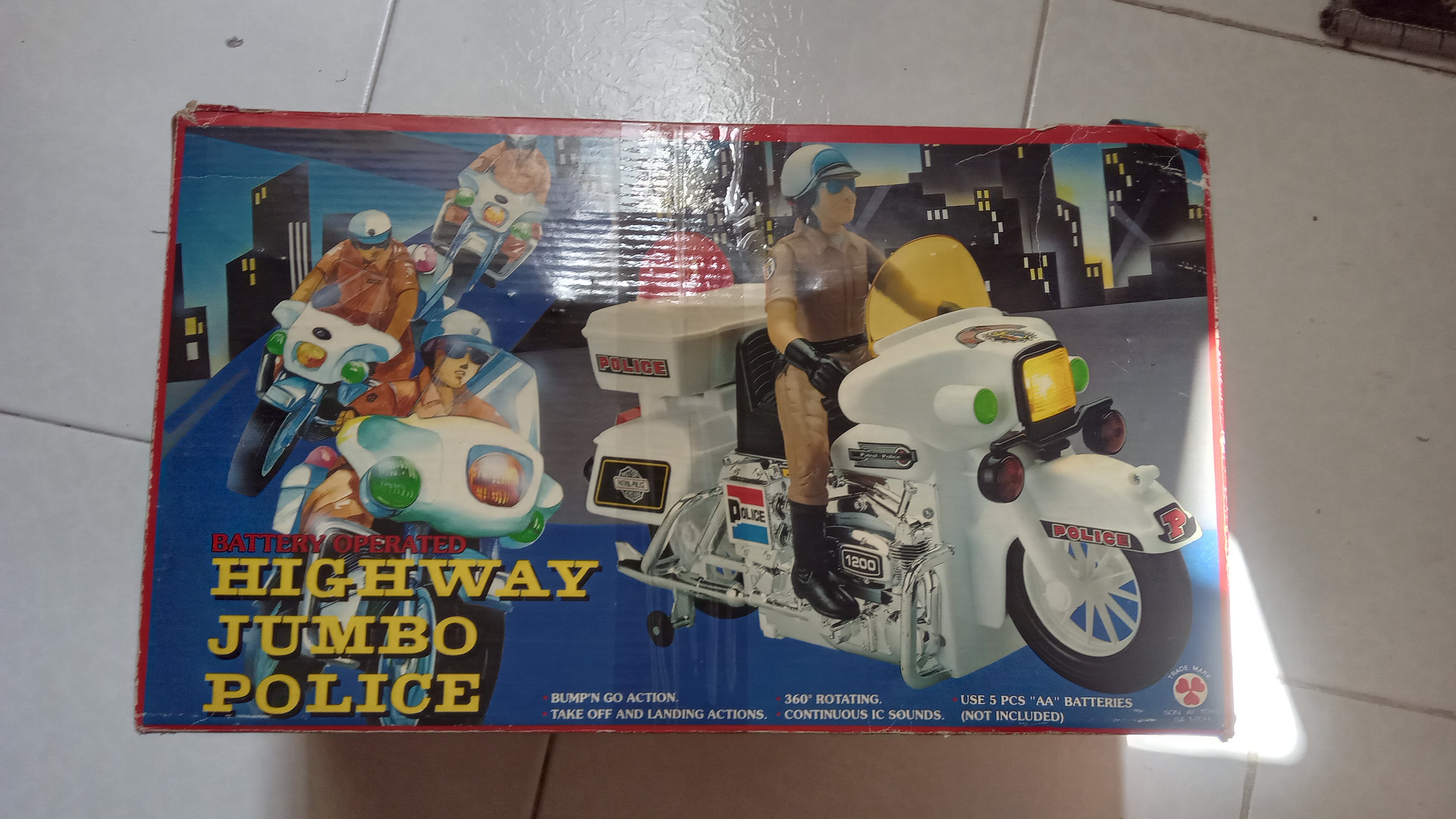 Vintage Jumbo Police Motorcycle Toy – Original Box – Working Lights – Helicopter image 5