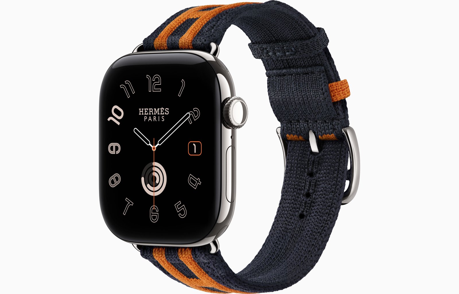 Apple Watch Hermès Series 12 GPS + Cellular, 42mm Silver Titanium Case with Bleu Nuit/Orange Rocabar Club