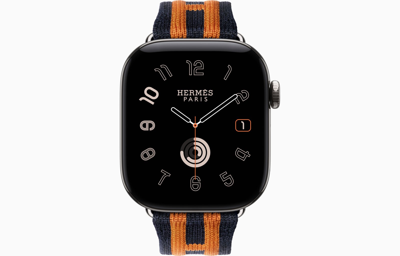 Apple Watch Hermès Series 12 GPS + Cellular, 42mm Silver Titanium Case with Bleu Nuit/Orange Rocabar Club image 2