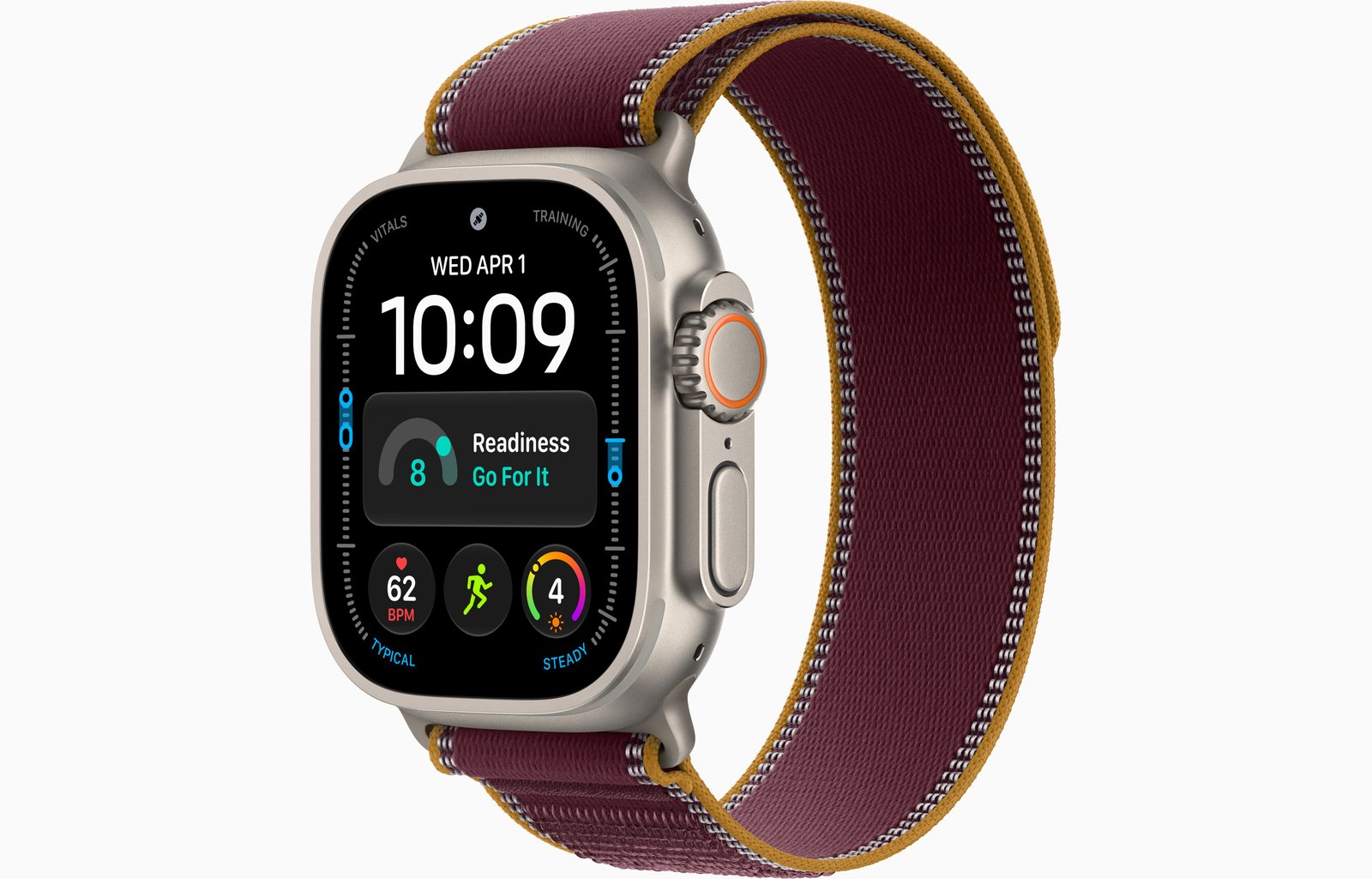 Apple Watch Ultra 4 GPS + Cellular, 49mm Natural Titanium Case with Burgundy Trail Loop — S/M