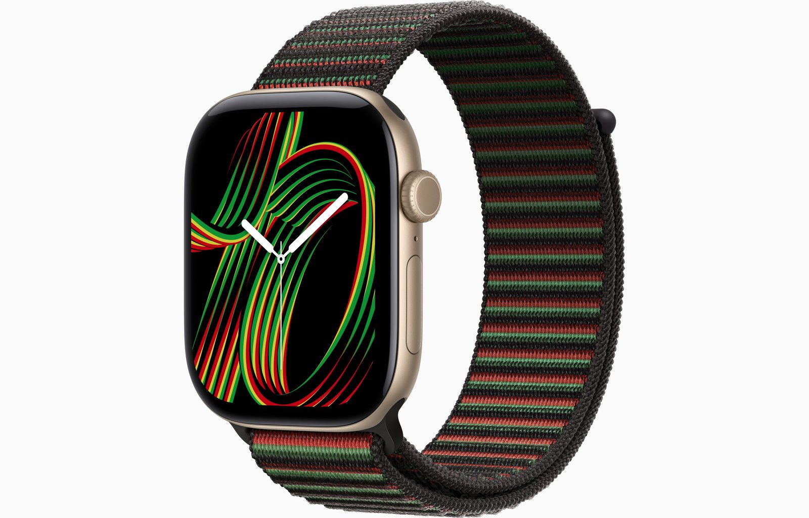 Apple Watch Series 12 GPS + Cellular, 46mm Light Gold Aluminum Case with Black Unity Sport Loop - Unity Rhythm