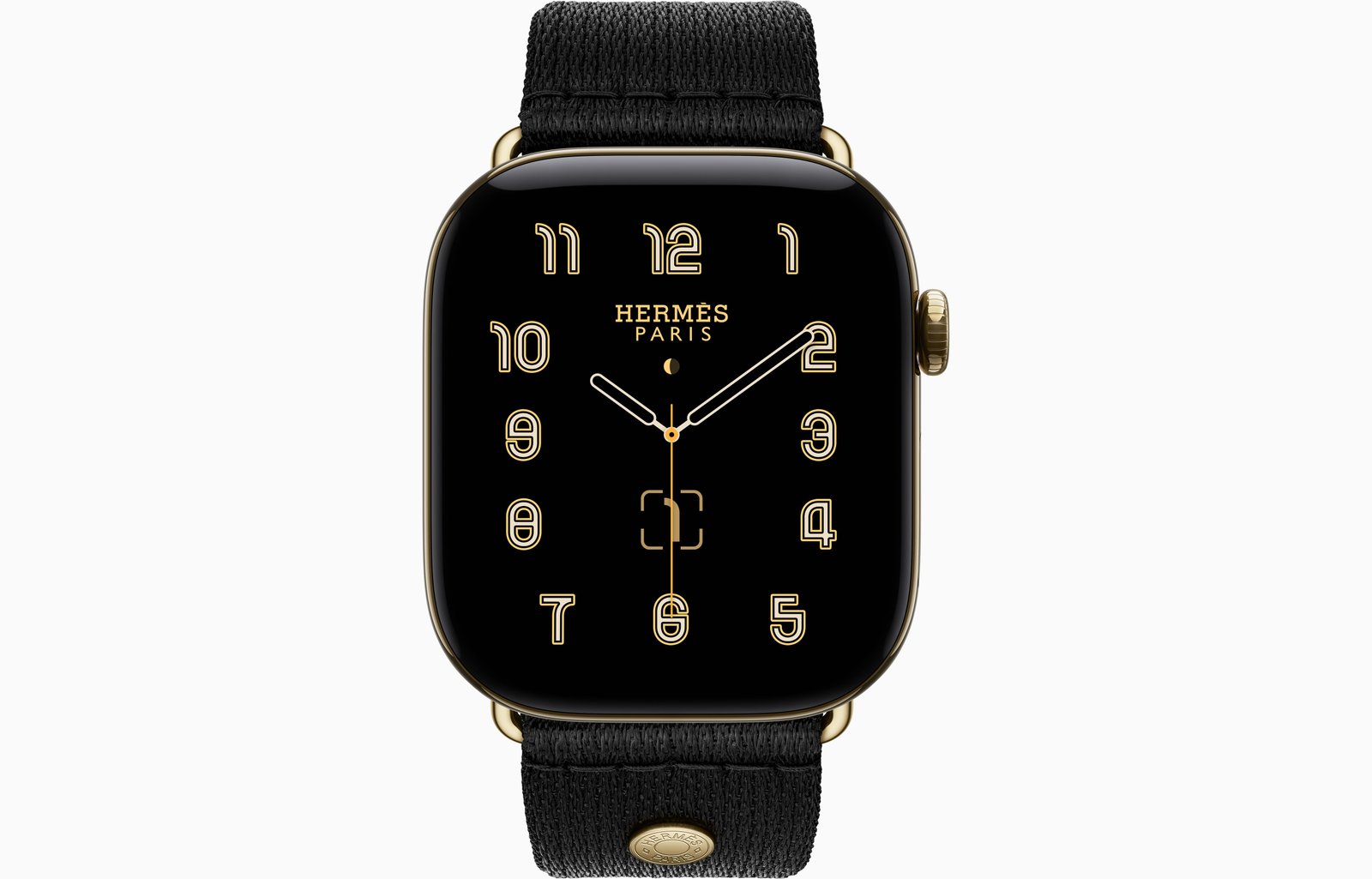 Apple Watch Hermès Series 12 GPS + Cellular, 46mm Radiant Gold Titanium Case with Noir Satin Clou de Selle image 2