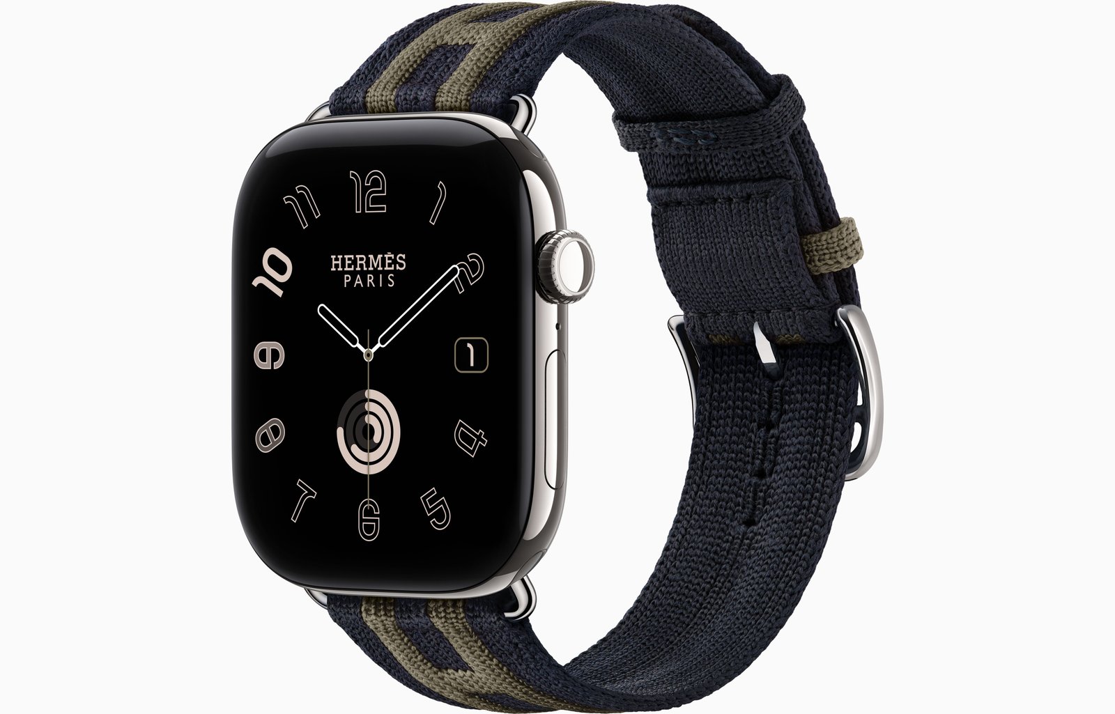 Apple Watch Hermès Series 12 GPS + Cellular, 46mm Silver Titanium Case with Bleu Nuit/Gris Titane Rocabar Club