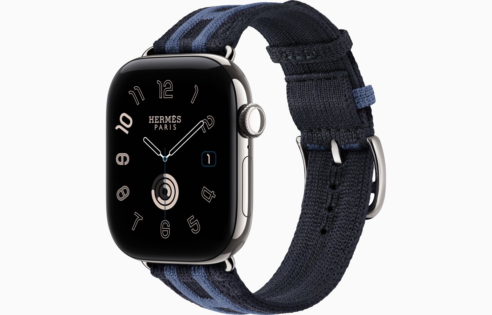 Apple Watch Hermès Series 12 GPS + Cellular, 42mm Silver Titanium Case with Bleu Nuit/Bleu Brighton Rocabar Club