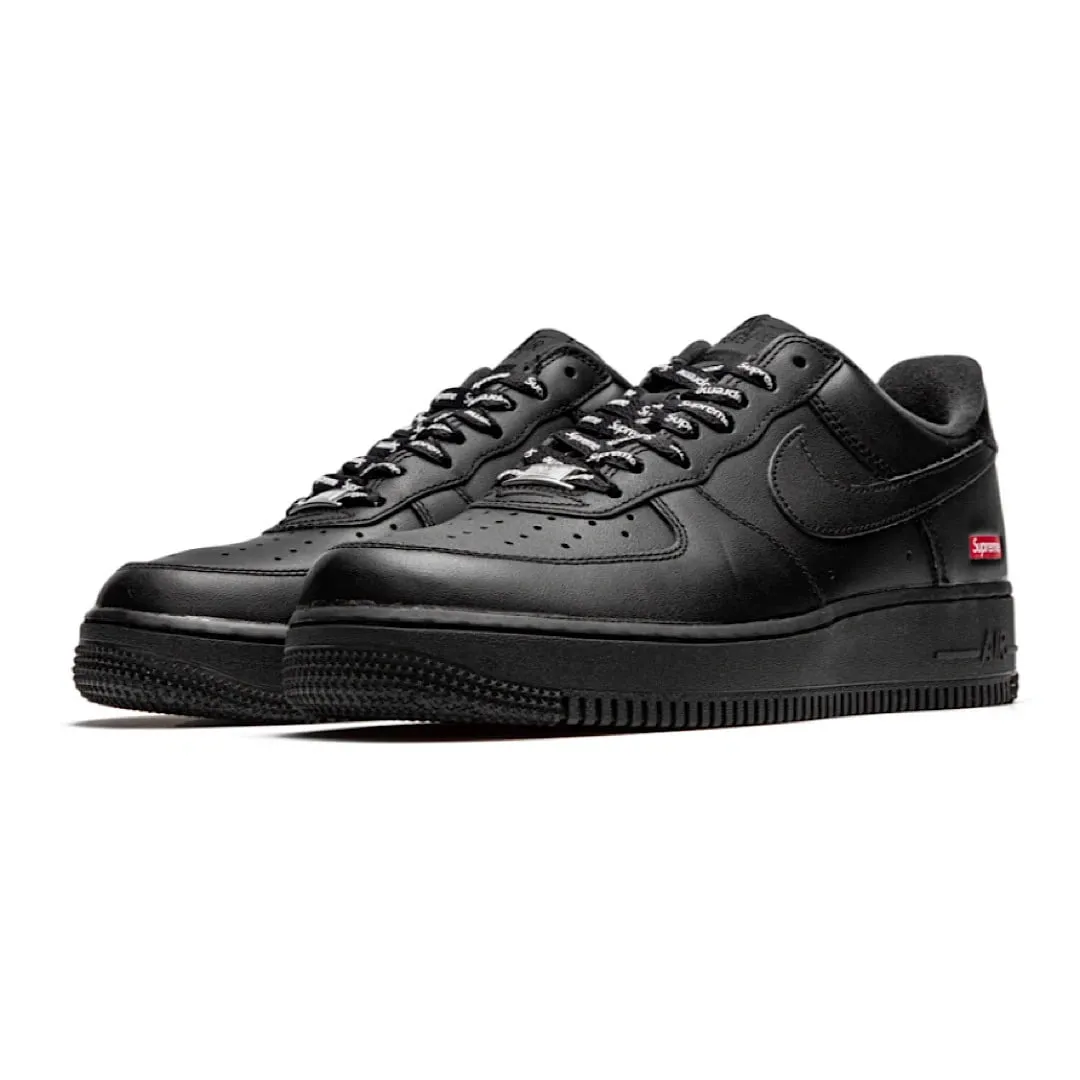 The Nike Air Force 1 Low x Supreme Box Logo in Black is a highly coveted sneaker collaboration released in 2020. 
This low-top shoe features a sleek design with a leather upper Size 8M