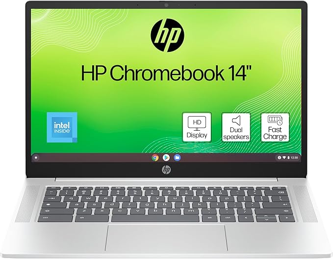 HP Chromebook 14" | Intel Processor N100 Processor| 4 GB RAM | 128 GB Flash Storage | Intel UHD Graphics | HD Display | Up to 12hrs battery | Chrome OS | Dual Speakers | Glacier Silver | 14a-nf0002sa