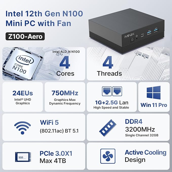 Additional image of MINIX Z100-Aero,16GB DDR4, 512GB PCIe 3.0 NVMe SSD Intel 12th Gen N100 Windows 11 Pro Mini PC, 4K Triple Display/1GB+2.5G LAN/USB-A 3.2/USB-C/WiFi 5/BT5.1/Vesa Mount/Support Auto Power On