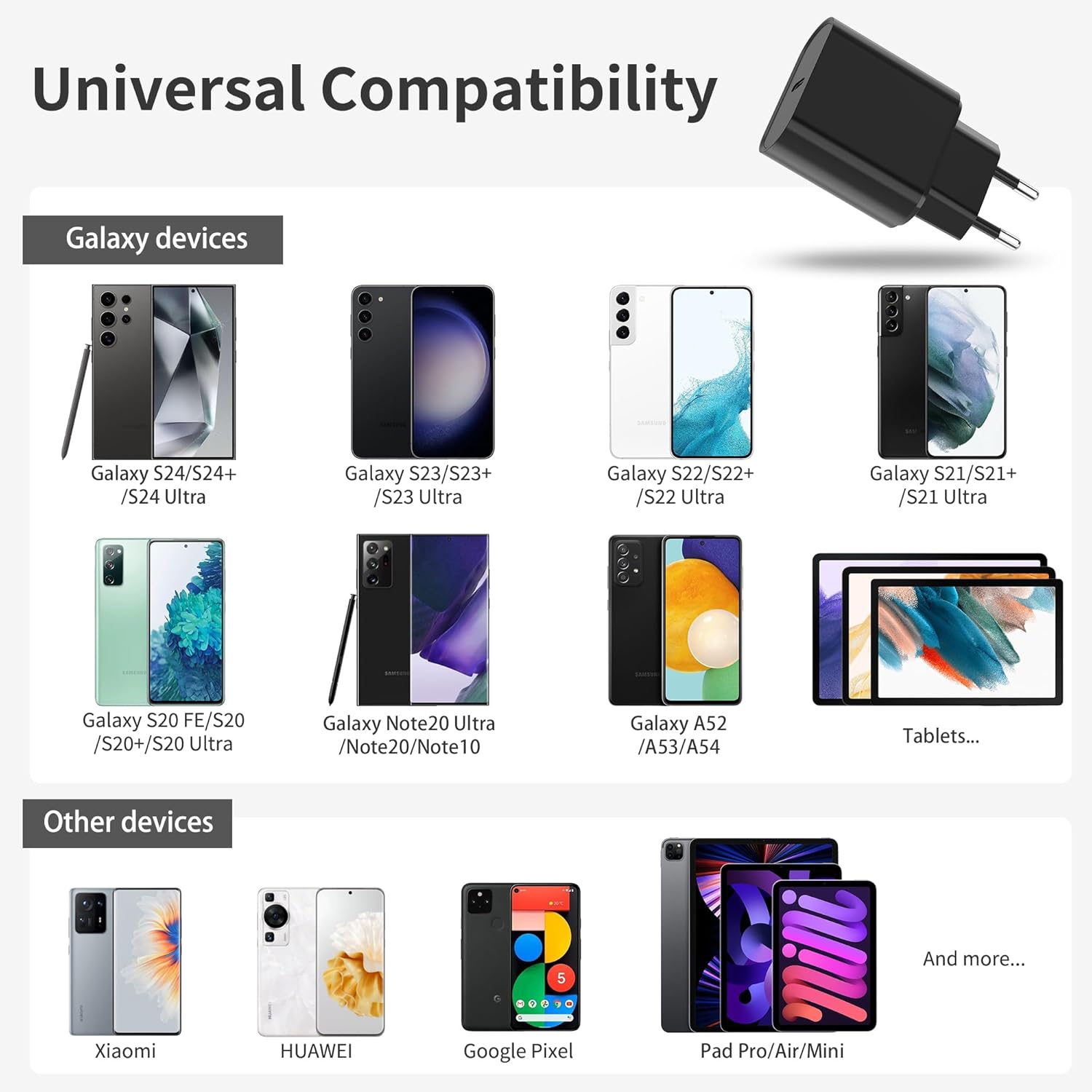 Additional image of 45W USB C Fast Charging Mains Charger for Samsung Galaxy S24/S23/S22/S21 Ultra/S20/S20+/Note 20/10/9/8/A73/A53/A52/S10/S9 and 2M Cable