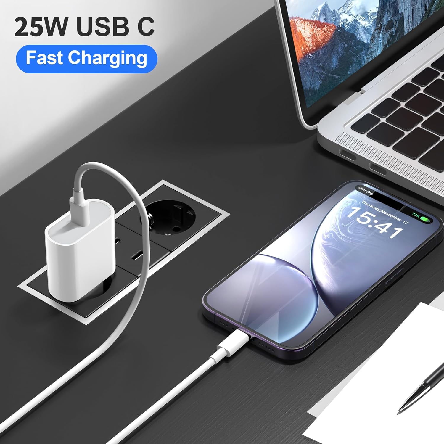 Additional image of Charger for iPhone 14/14 Pro /14 Pro Max /14 Plus /13 12 11 SE Mini X XS XR, 25W USB C Fast Plug and 2M Wall Mains Cable Type C Power Adapter Trefard