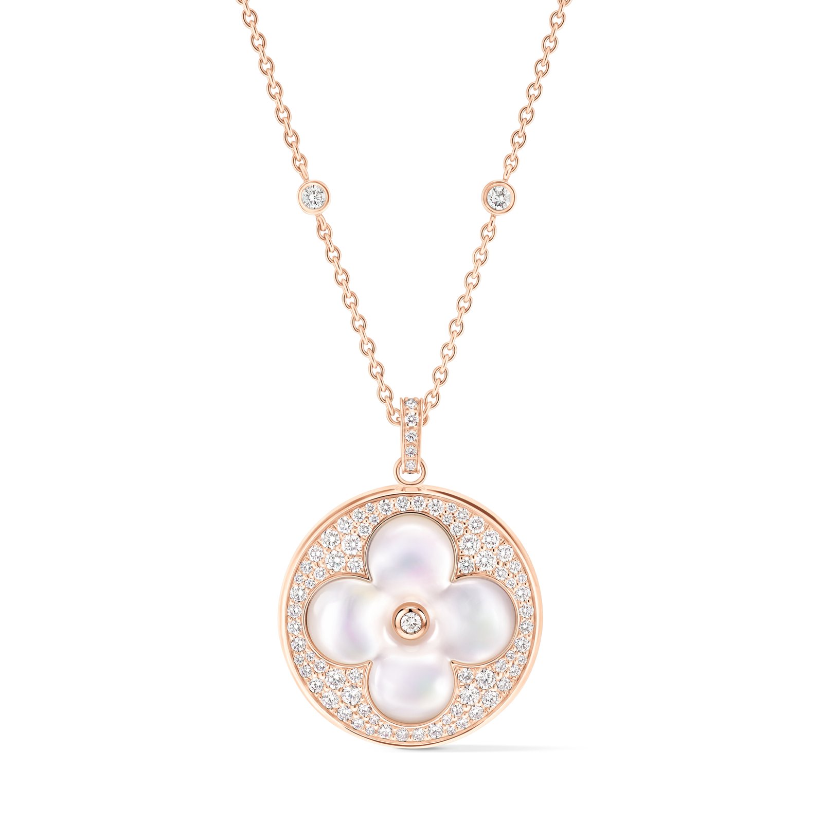 Louis Vuitton Sun Color Blossom XL Pendant Necklace, rose gold, white mother-of-pearl and diamonds