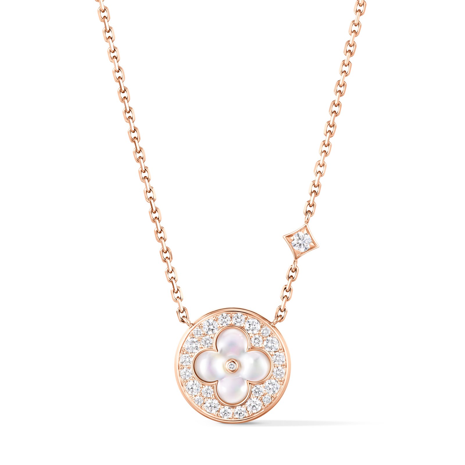 Louis Vuitton Sun Color Blossom M Pendant Necklace, rose gold, white mother-of-pearl and diamonds