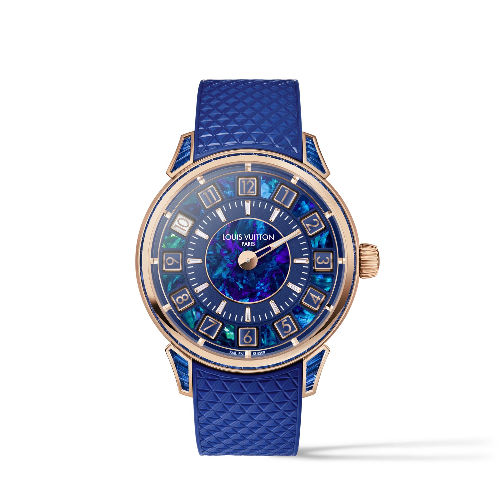Louis Vuitton Tambour Spin Time, Automatic, 39.5 mm, rose gold, opal and sapphires