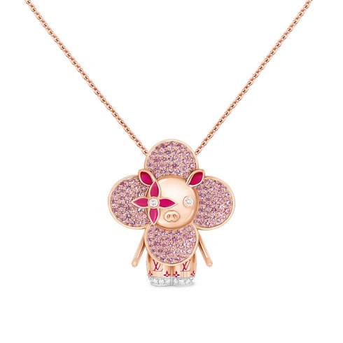 Louis Vuitton Vivienne Pig Pendant Necklace, rose gold, lacquer, diamonds and colored gemstones