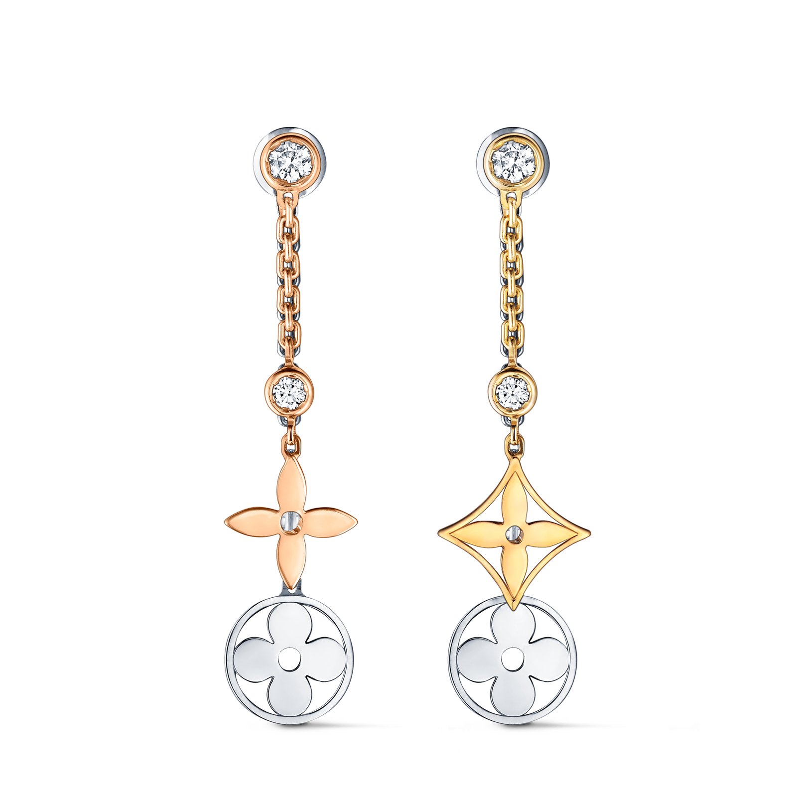 Louis Vuitton Idylle Blossom Long Earrings, three types of gold and diamonds