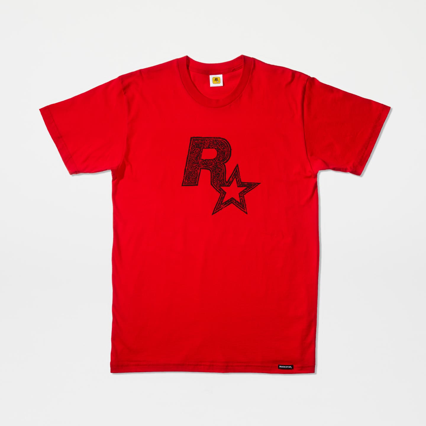 Black on Red Linocut Rockstar Games Logo Tee