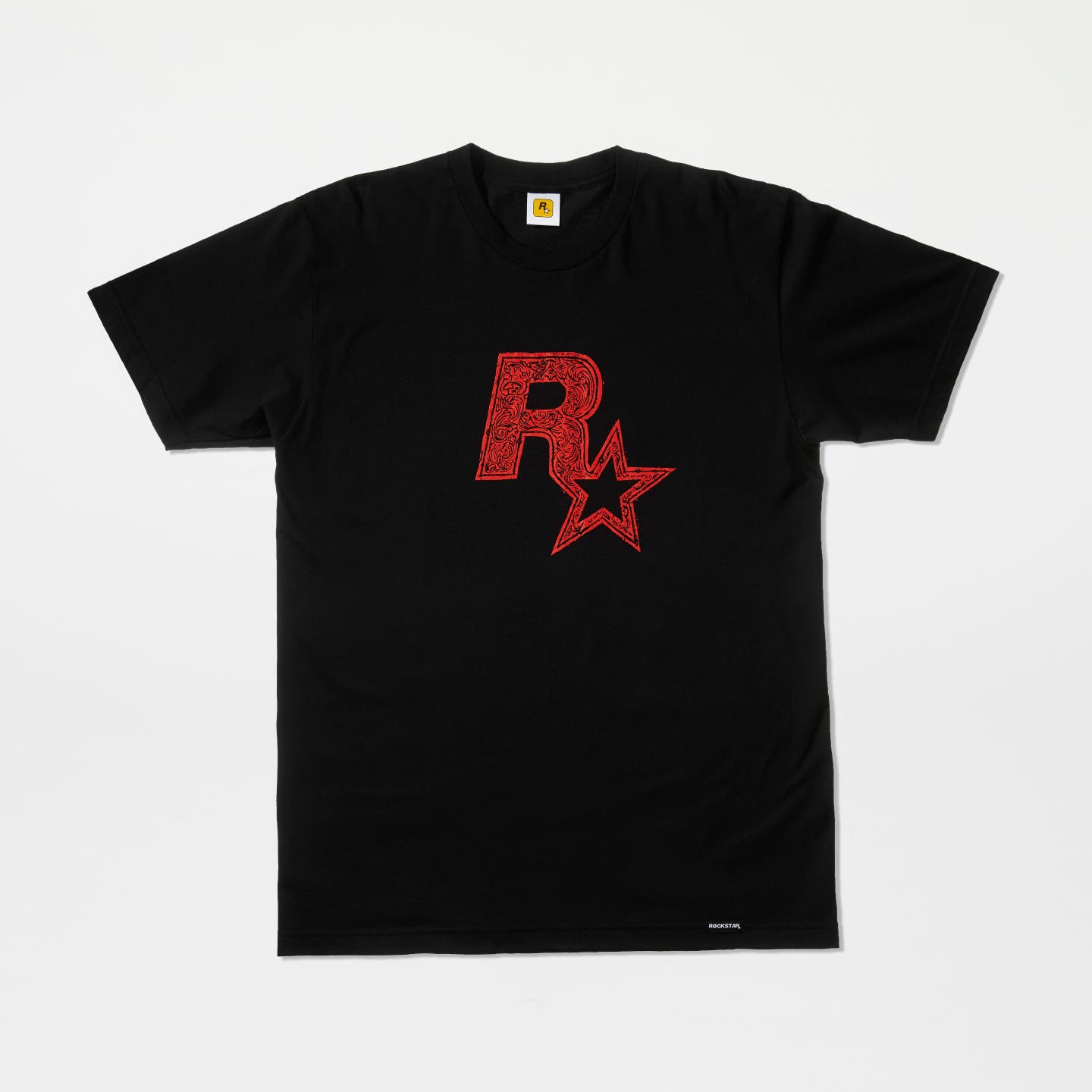 Red on Black Linocut Rockstar Games Logo Tee