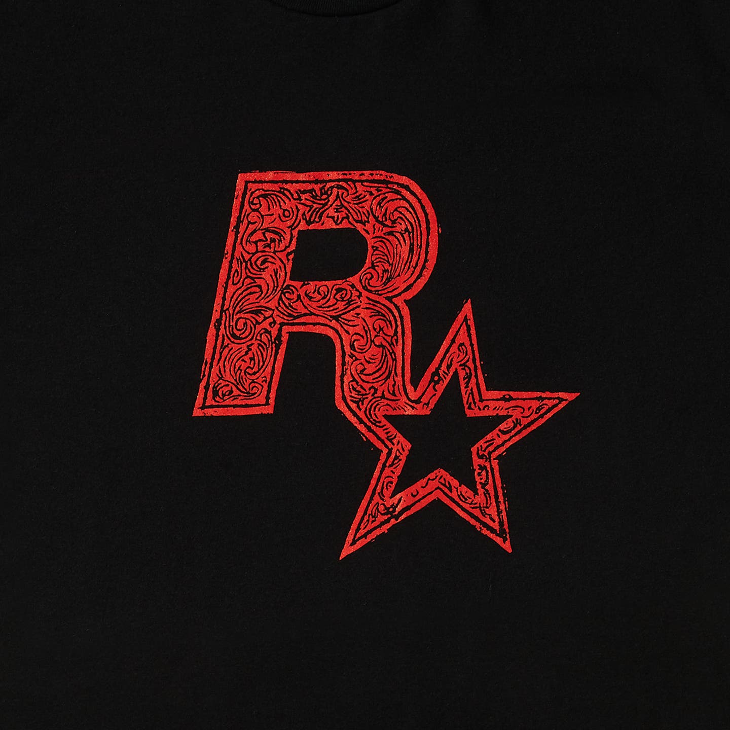 Red on Black Linocut Rockstar Games Logo Tee image 2
